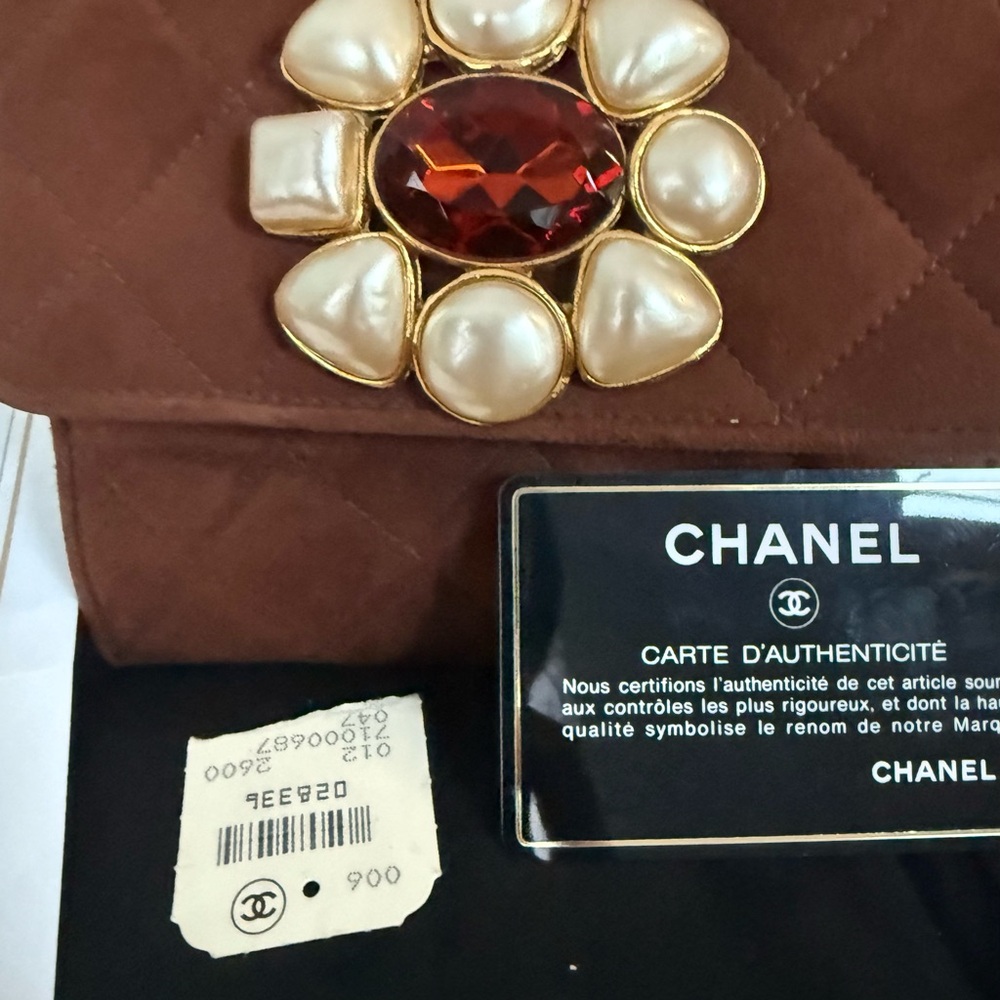 CHANEL DARK BROWN SUEDE EVENING BAG W/ GRIPOIX BROOCH 
Rare Vintage Piece!